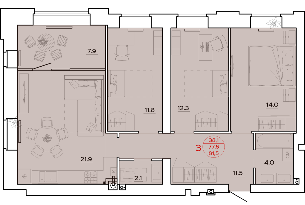 3-комнатная | 81.5 | 1